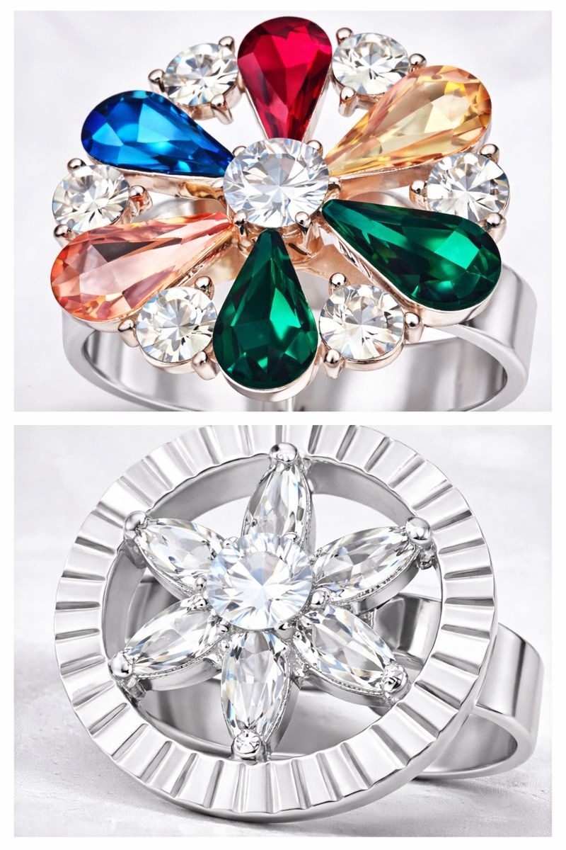 Clarova Adjustable Floral Crystal Statement Ring for Women | Multicolor & Clear Stone Design | Silver Tone Fashion Ring | Free Size