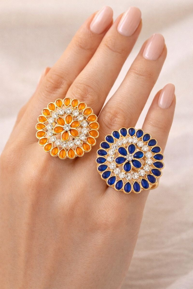 Clarova Adjustable Floral Crystal Statement Ring for Women | Big Flower Design | Gold Tone Fashion Ring | Free Size