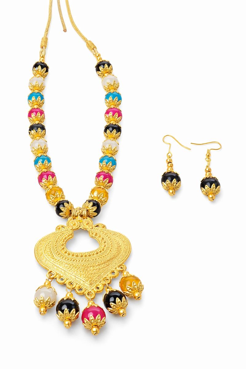 Clarova Ayodhya Ram Bhakti Multicolor Beaded Necklace Set for Women | Traditional Temple Style Pendant Necklace with Matching Earrings | Adjustable Thread Chain