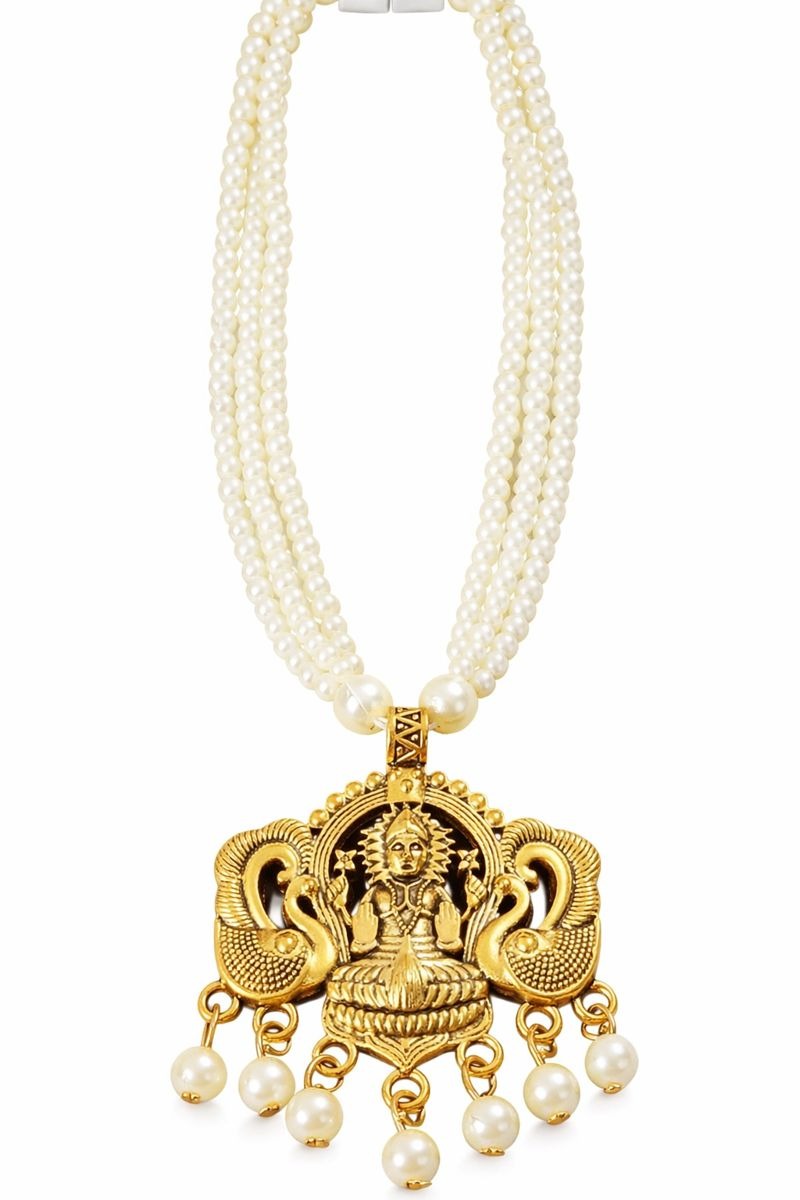 Clarova Ayodhya Heritage Lakshmi Pearl Temple Necklace for Women | Traditional Goddess Lakshmi Pendant with Multi-Layer Pearl Beads | Antique Gold Finish Ethnic Jewellery